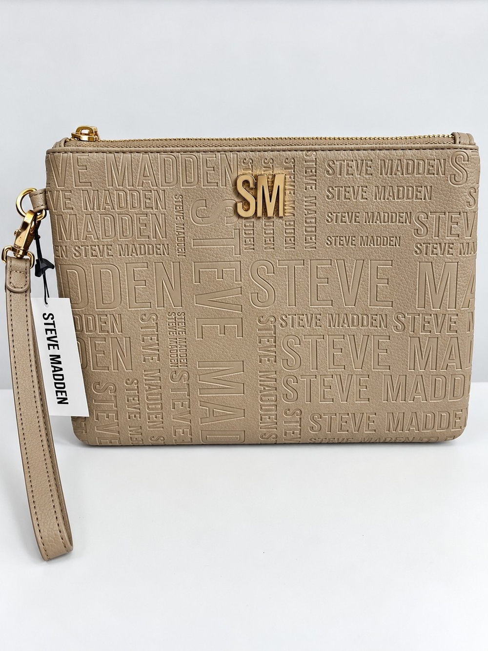 Steve Madden Beige Embossed Logo Wristlet with Gold SM Hardware